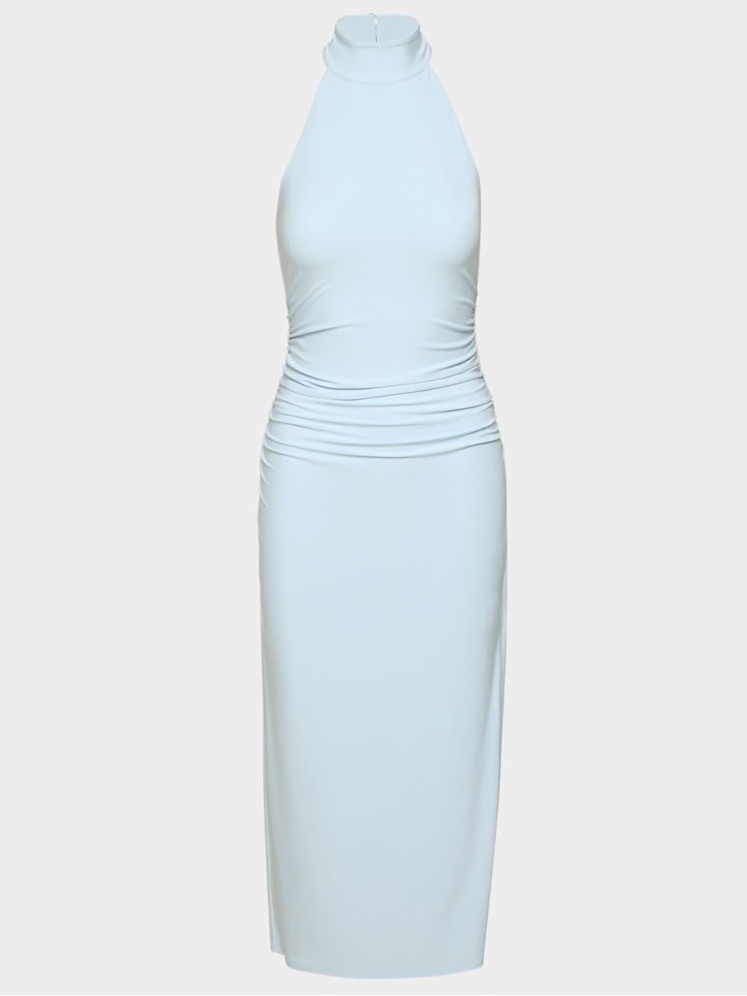 Aritzia Smooth Matter Remedy Halter Dress Villa Baby Blue Ruched High Neck